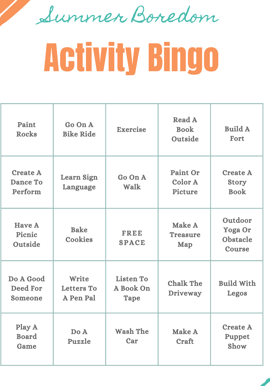 Activity Bingo For Kids