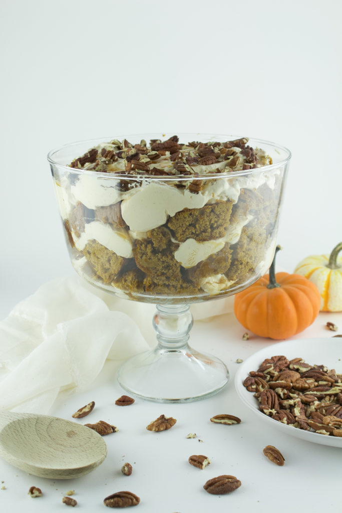 Pumpkin Spice Cake Trifle with Pecans and Caramel Sauce